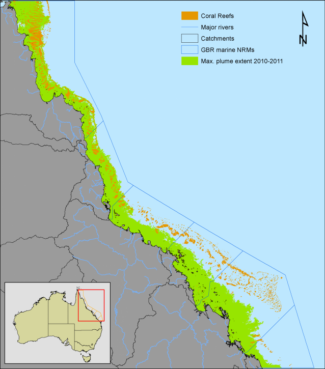 Map of the maximum extend of the flood plume over the 2010-2011 west season along the Queensland coast